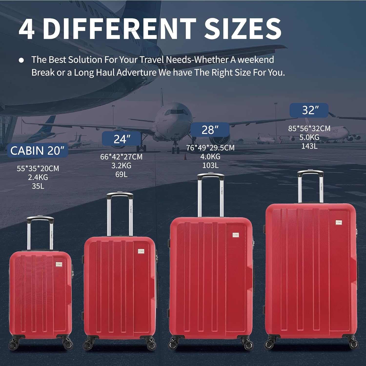 Flymax Hardshell Suitcase Range in Multiple Sizes: 32-Inch, 29-Inch, 25-Inch, and 20-Inch Cabin Size