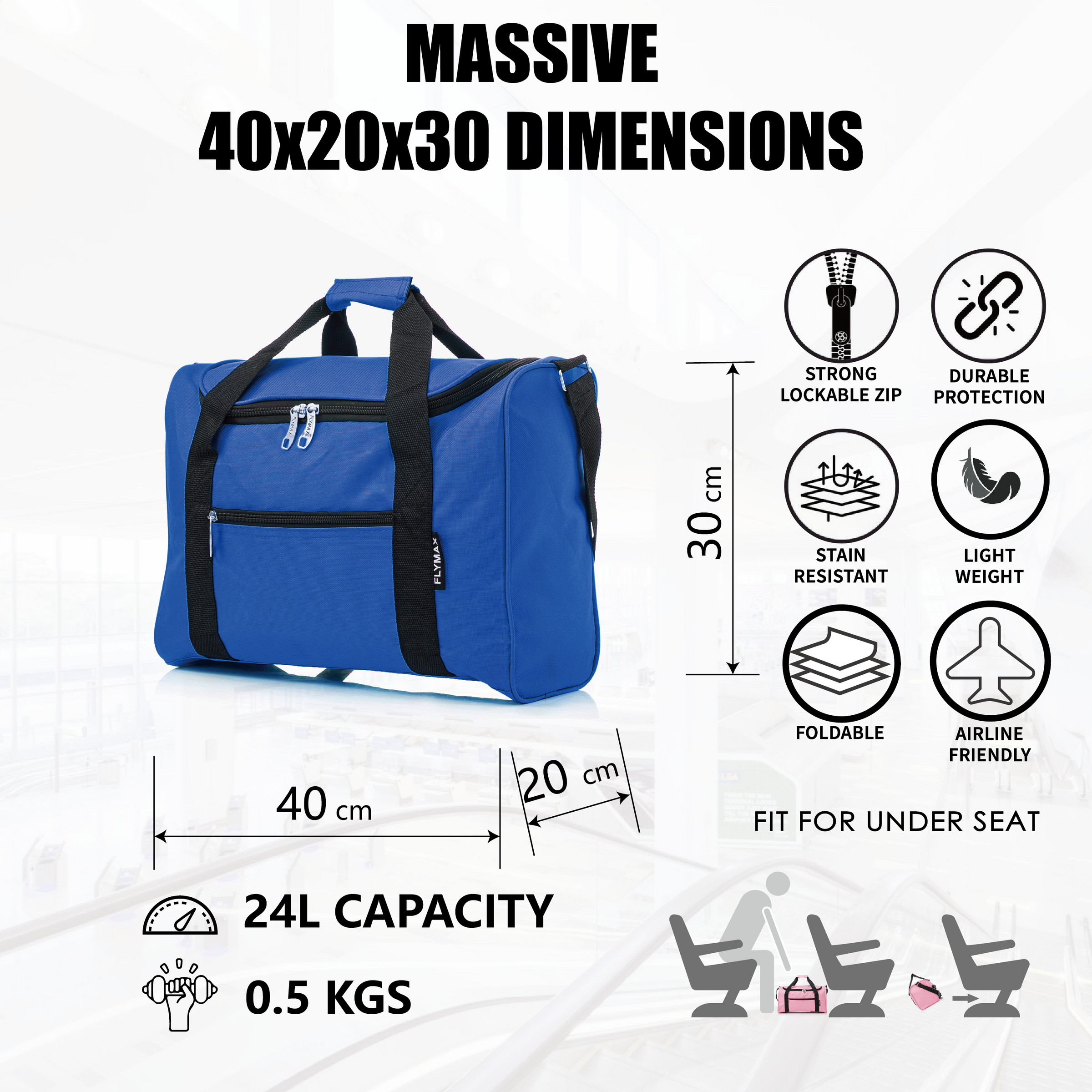 Flymax CabinFlex Wizz Air Approved Underseat Holdall – 40x30x20 cm Lightweight Travel Bag