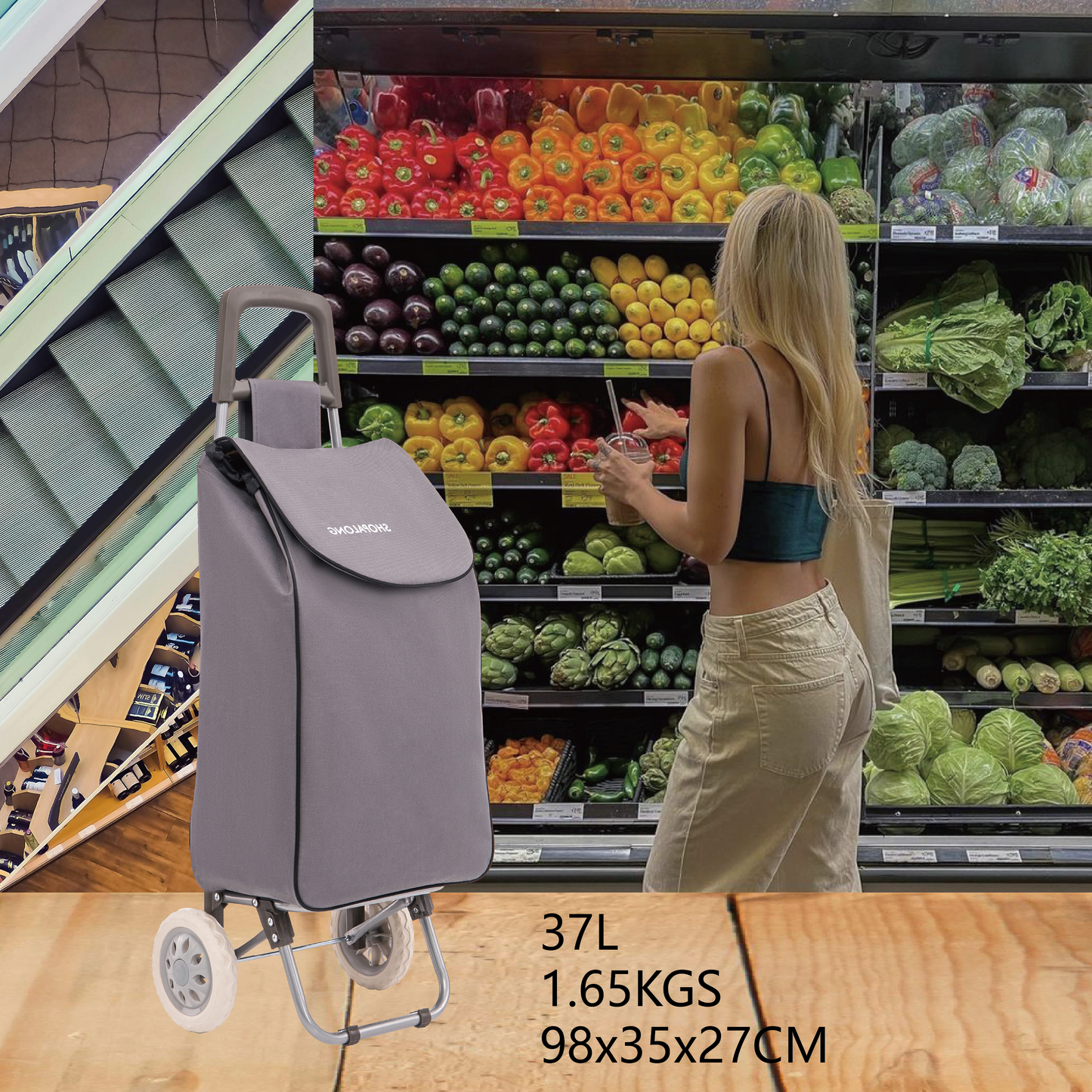 Lightweight Shopping Trolley Large Grocery Cart Basket on 2 Wheels