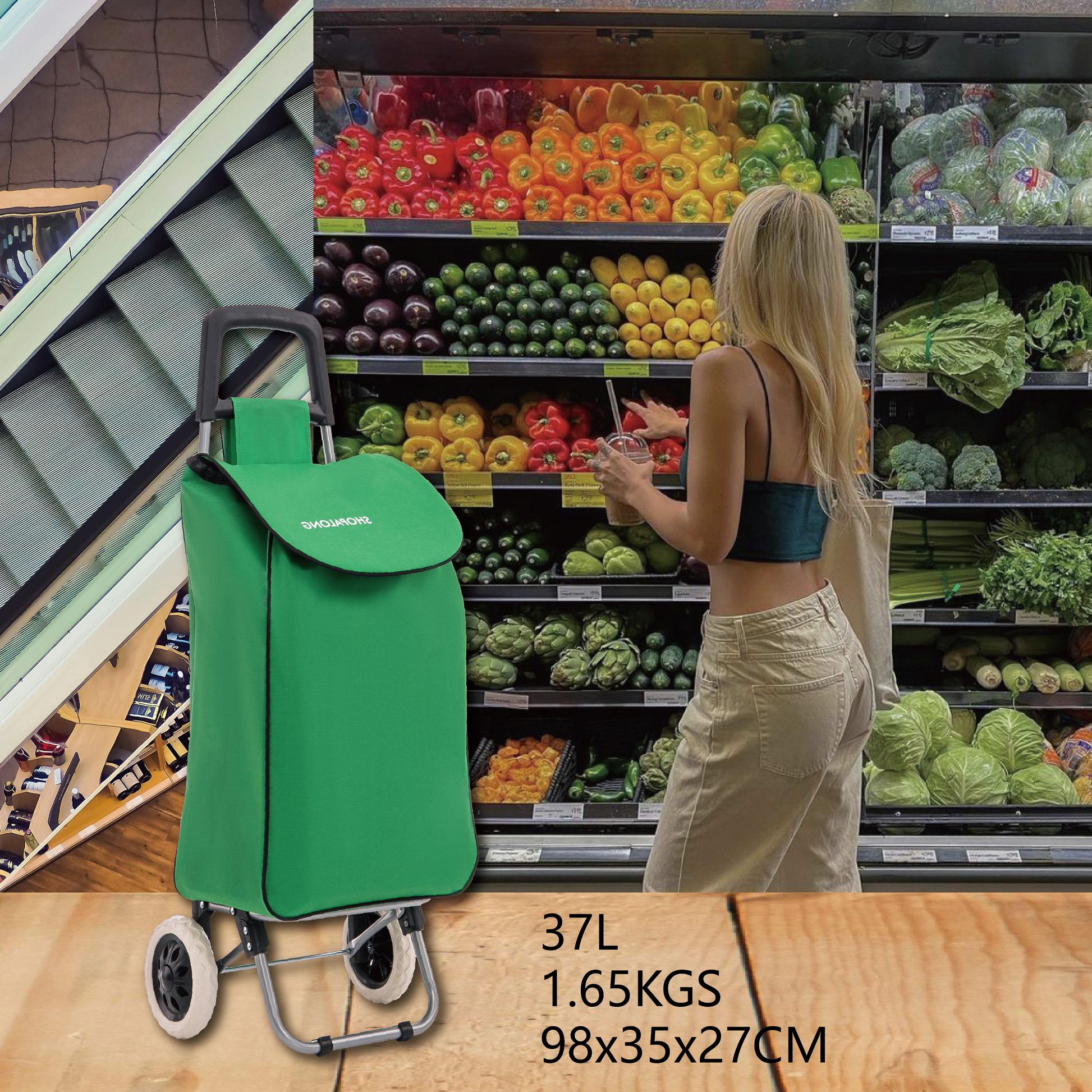 Women shopping with the Shopalong lightweight trolley – convenient and practical urban shopping solution.
