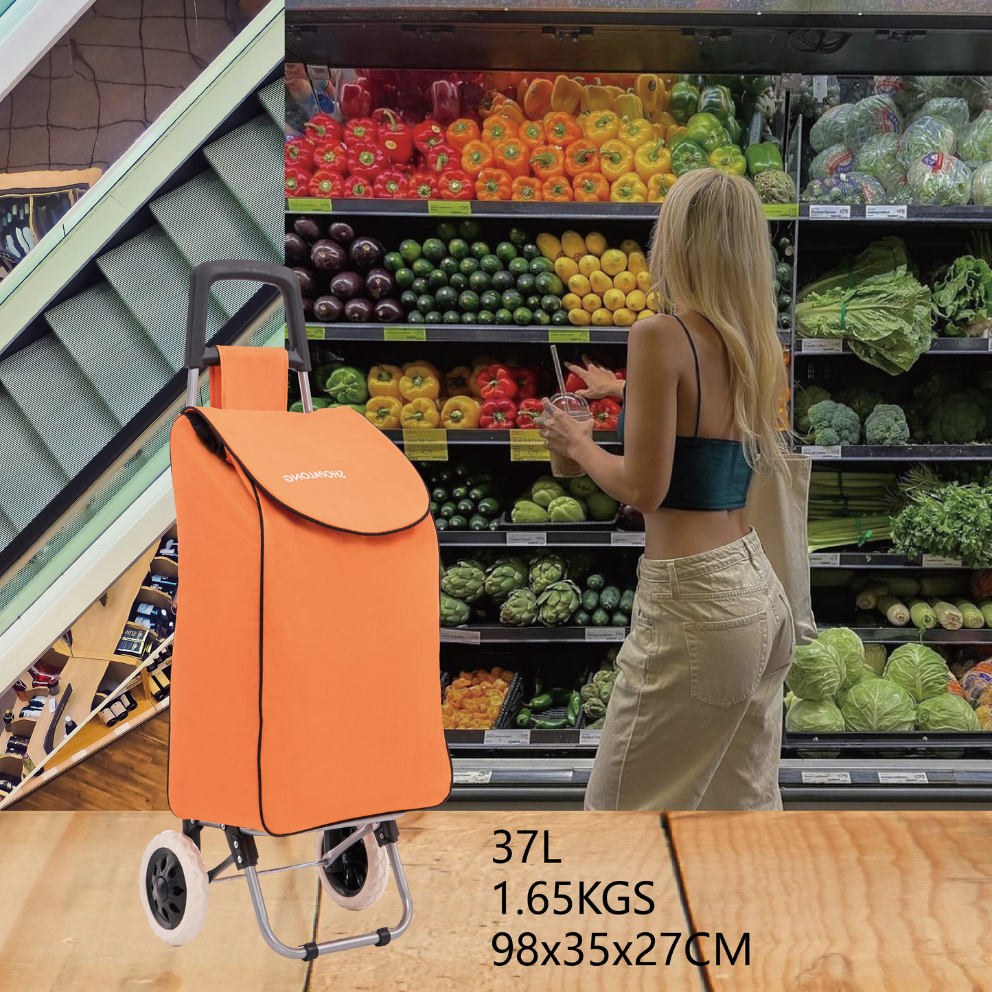 Lightweight Shopping Trolley Large Grocery Cart Basket on 2 Wheels