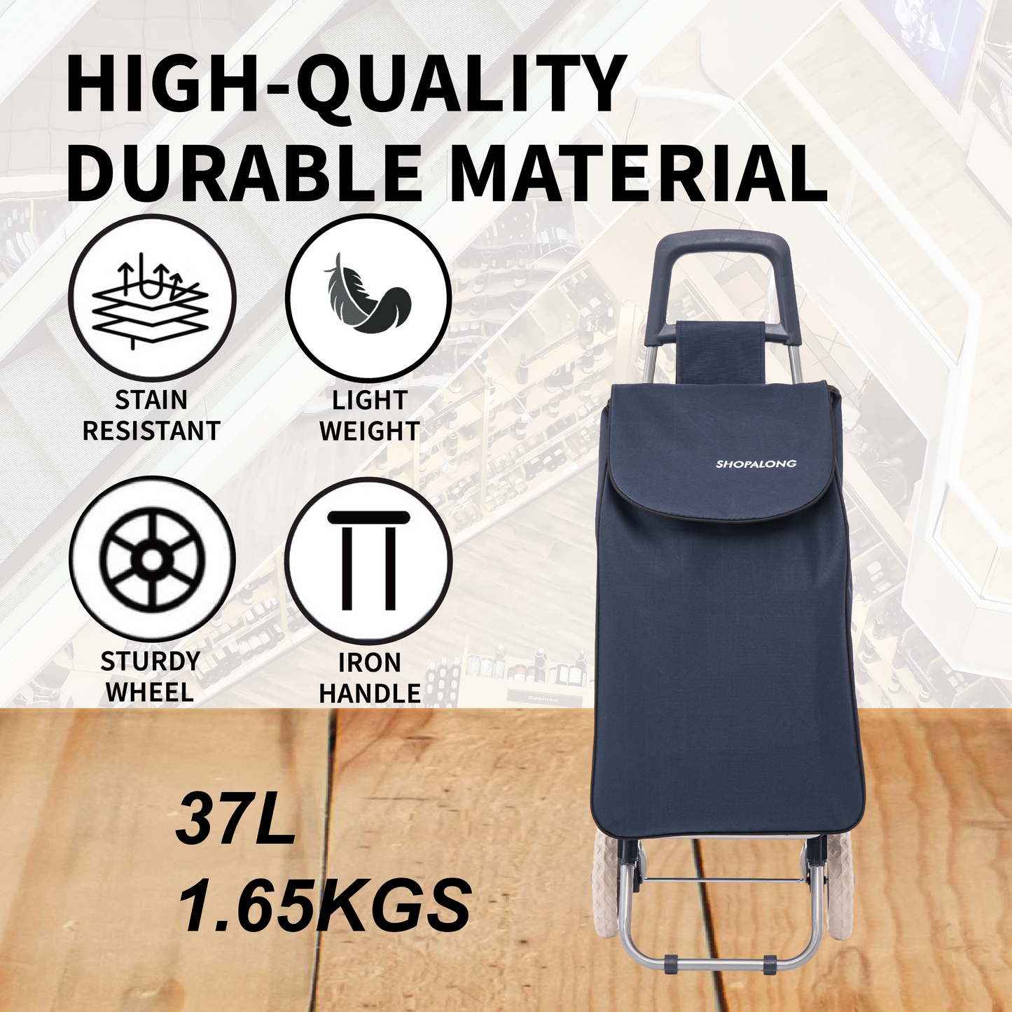 Lightweight Shopping Trolley Large Grocery Cart Basket on 2 Wheels