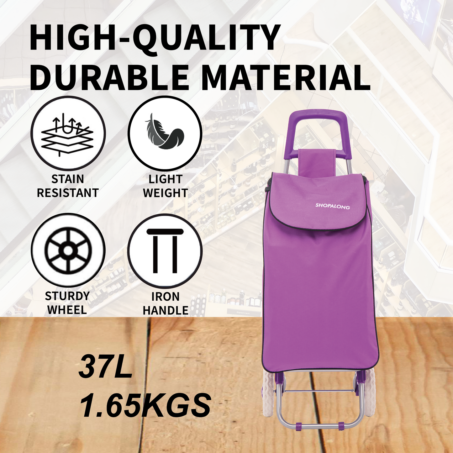 Lightweight Shopping Trolley Large Grocery Cart Basket on 2 Wheels