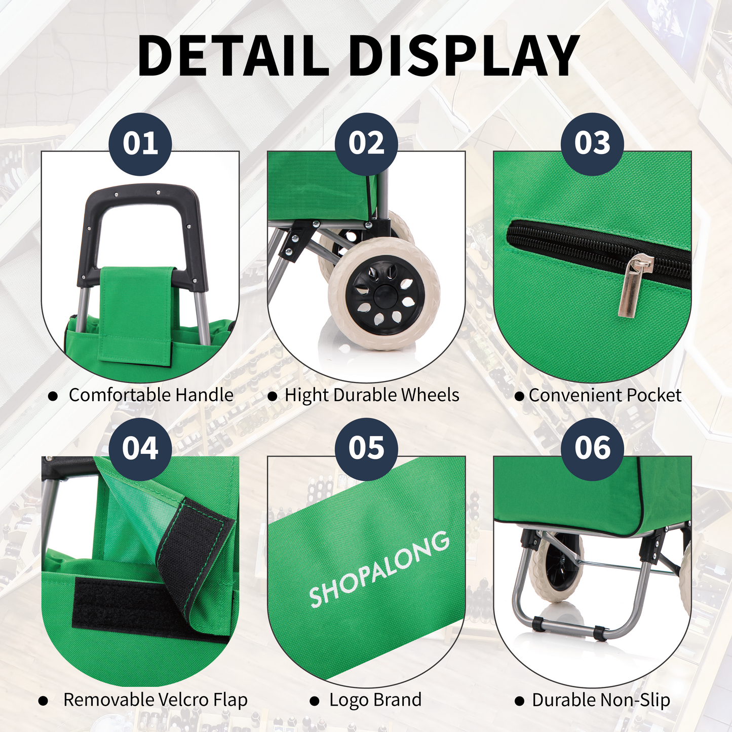Detailed view of the Shopalong Lightweight Shopping Trolley – waterproof polyester material, padded handles, and convenient storage features.
