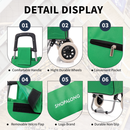 Detailed view of the Shopalong Lightweight Shopping Trolley – waterproof polyester material, padded handles, and convenient storage features.