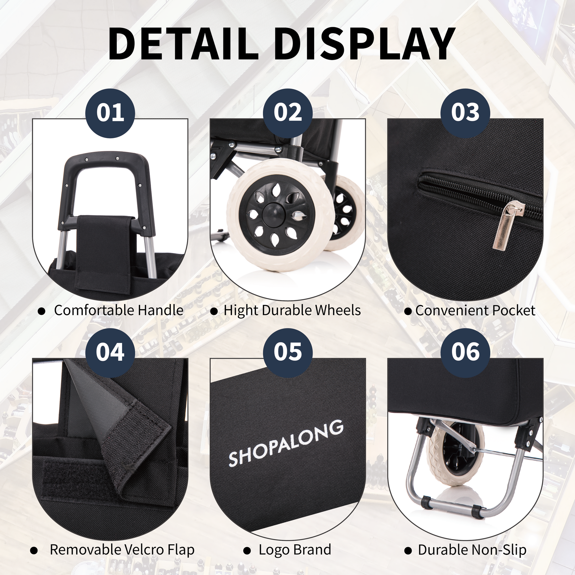 Detailed view of the Shopalong Lightweight Shopping Trolley – waterproof polyester material, padded handles, and convenient storage features.
