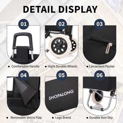 Detailed view of the Shopalong Lightweight Shopping Trolley – waterproof polyester material, padded handles, and convenient storage features.