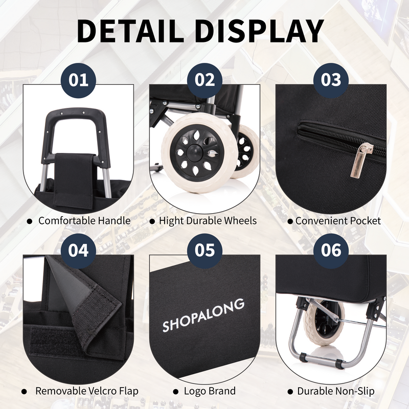 Detailed view of the Shopalong Lightweight Shopping Trolley – waterproof polyester material, padded handles, and convenient storage features.