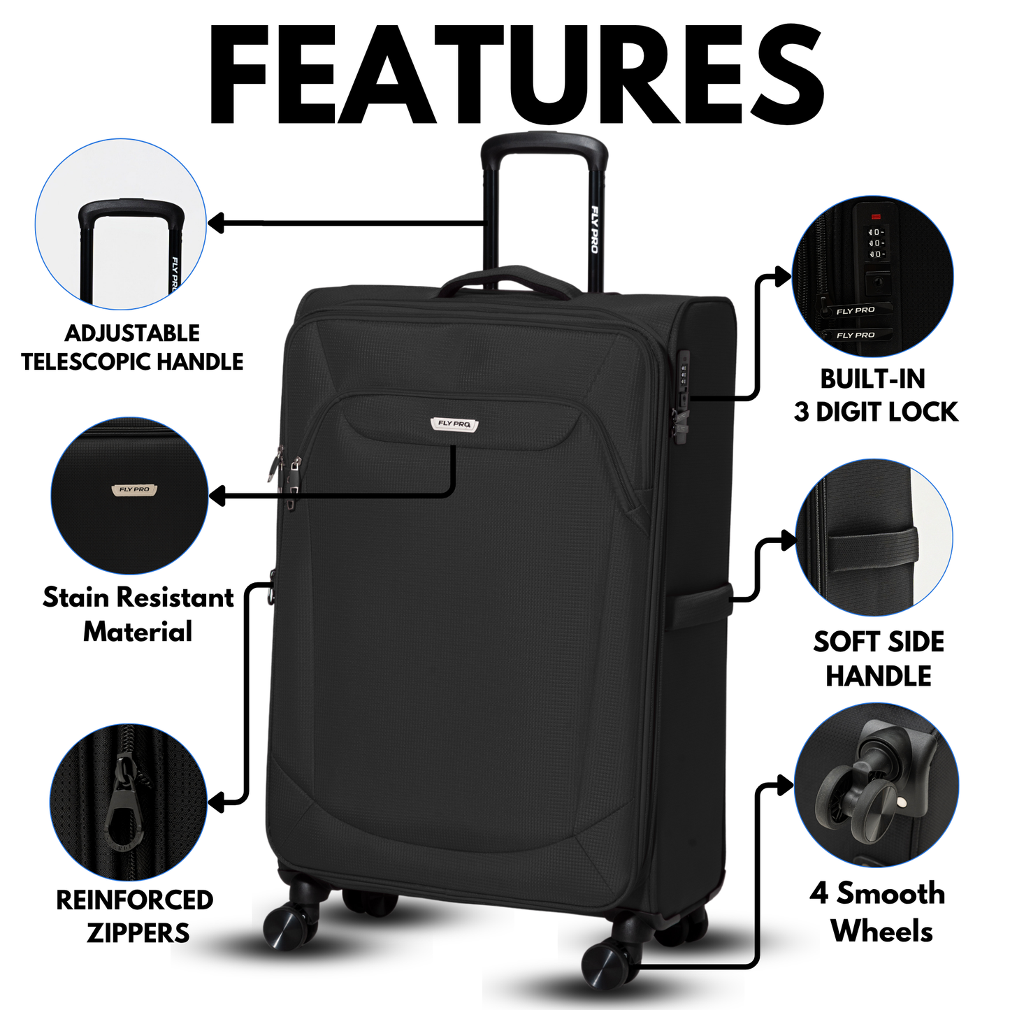FLY PRO 32" XL Lightweight Expandable Suitcase – 127L, 4 Wheels & Combination Lock