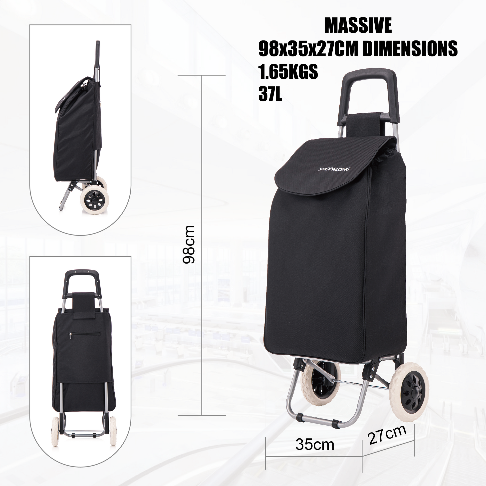 Dimensions of the Shopalong Lightweight Shopping Trolley – 98x35x27cm for maximum capacity and compact storage.