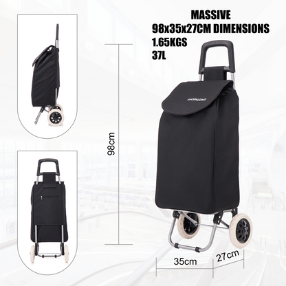Dimensions of the Shopalong Lightweight Shopping Trolley – 98x35x27cm for maximum capacity and compact storage.