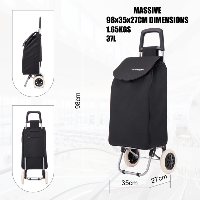 Dimensions of the Shopalong Lightweight Shopping Trolley – 98x35x27cm for maximum capacity and compact storage.
