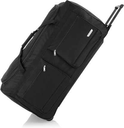 Flymax Black 40-Inch Lightweight Wheeled Bag with durable design and smooth rubber wheels.