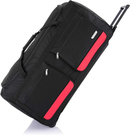 Flymax Bold red 40-Inch Lightweight Wheeled Bag featuring reinforced stitching and durable zippers.