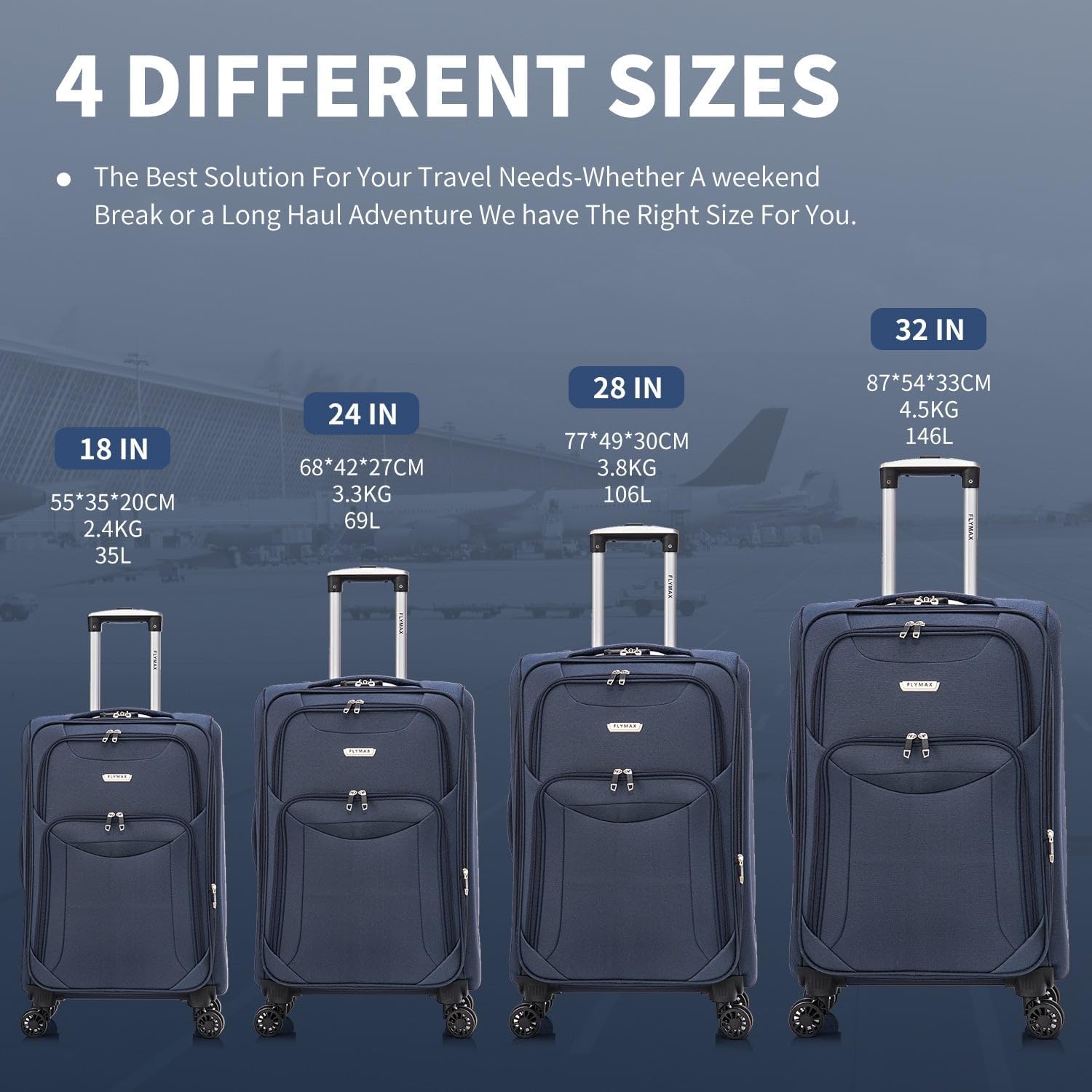 Flymax Barcelona Breeze lightweight soft-shell suitcase sizes
