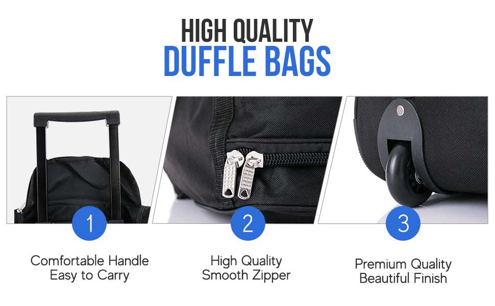 Flymax 40-Inch Lightweight Wheeled Bag Highlighting premium craftsmanship, durable materials, and reinforced wheels.