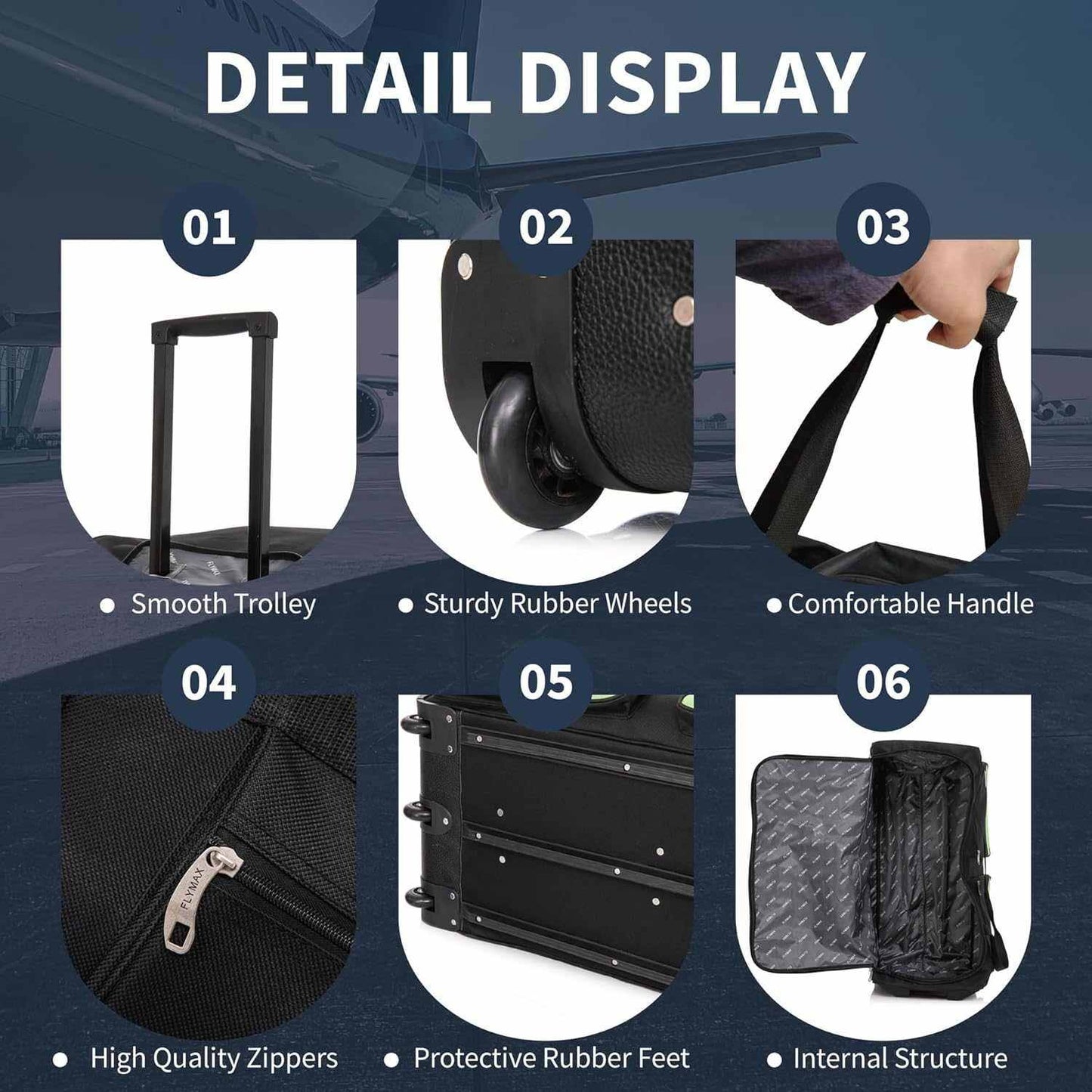 Flymax 40-Inch Lightweight Wheeled Bag Internal view highlighting compartments, padded handles, smooth wheels, and protective rubber feet.