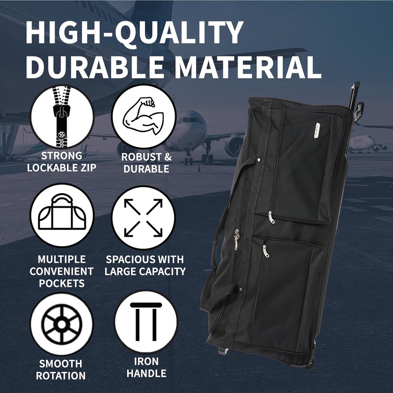 Close-up of Flymax 32-Inch Wheeled Travel Bag showing sturdy material, reinforced handles, and smooth wheels.