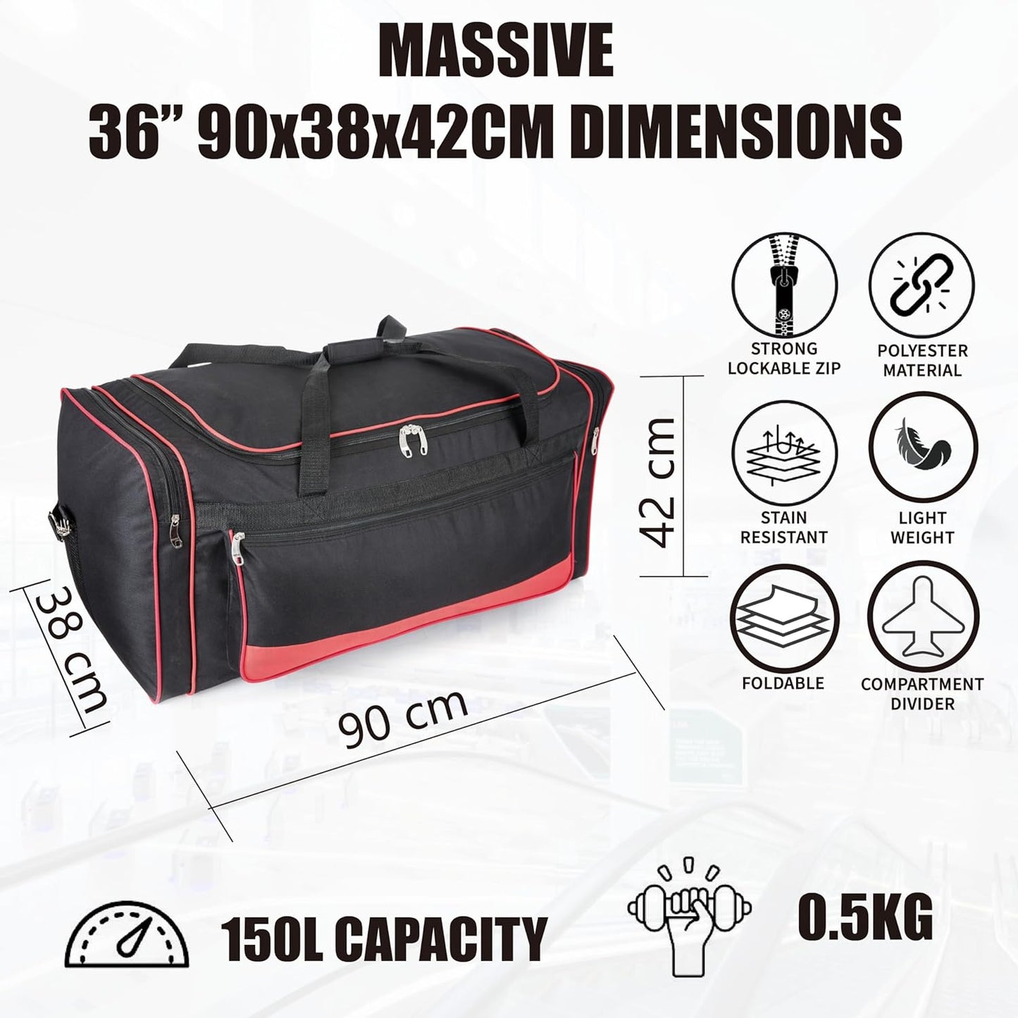 36" XXL Large Holdall Duffle Bag Lightweight Travel Duffel with Strong Zippers & Foldable Luggage 150L Capacity
