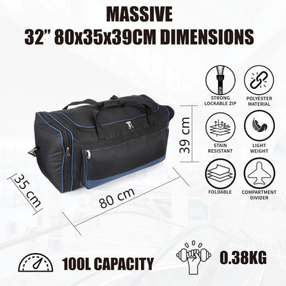 32" Large Holdall Duffle Bag Lightweight Travel Duffel with Strong Zippers & Foldable Luggage Blue 100 Litre