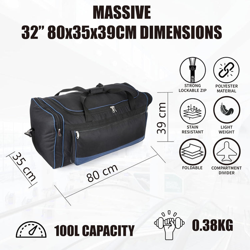 32" Large Holdall Duffle Bag Lightweight Travel Duffel with Strong Zippers & Foldable Luggage Blue 100 Litre