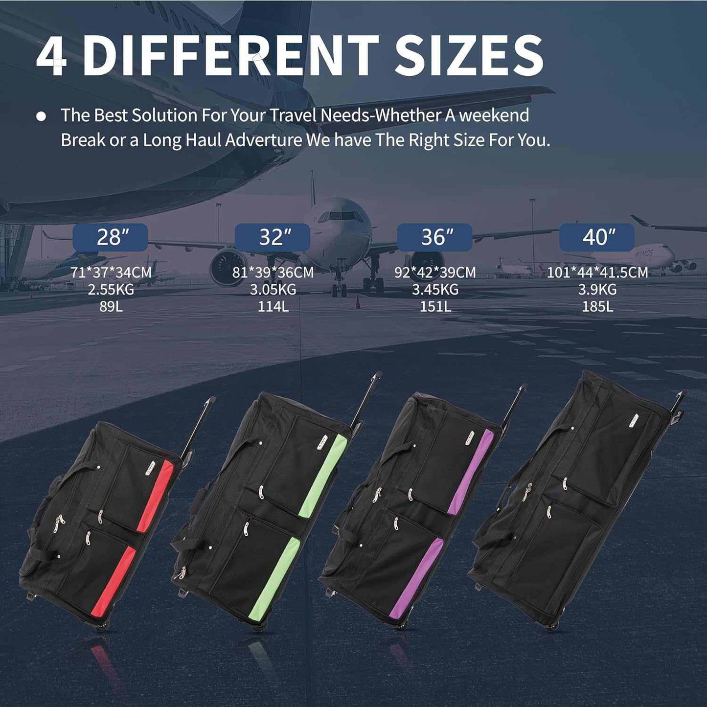 Flymax 32-Inch Wheeled Travel Bag Comparison of wheeled bags in four sizes: 40-inch, 38-inch, 32-inch, and 26-inch.
