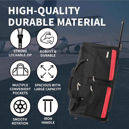 Flymax 40-Inch Lightweight Wheeled Bag Close-up of high-quality durable material with strong lockable zippers, sturdy iron handle, smooth rotation wheels, and multiple convenient pockets for secure travel.