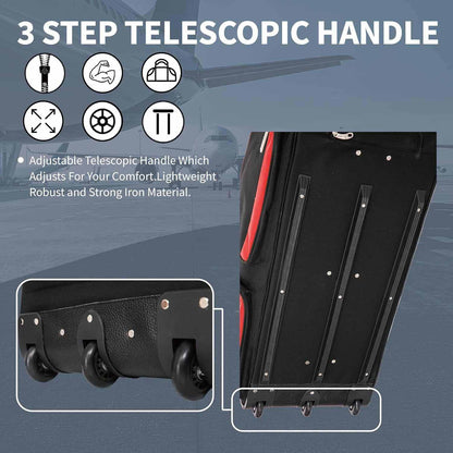 Flymax 32-Inch Wheeled Travel Bag Focus on the sturdy wheels and ergonomic handles for easy maneuverability.