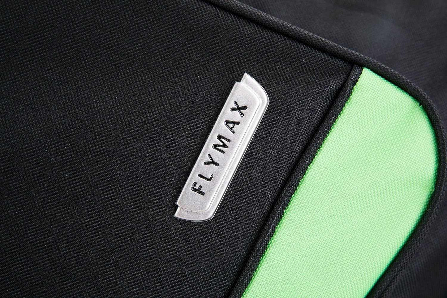Close-up view of Flymax XL Extra Large wheeled bag brand logo on 36" XL Extra Large Lightweight Wheeled Duffle Bag