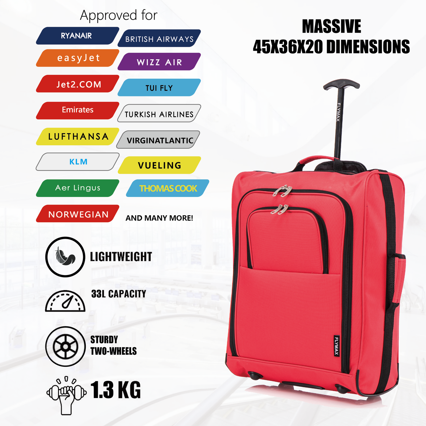 Flymax Sao Paulo Glide 45x36x20cm Ultra-Lightweight Cabin Luggage for EasyJet and Ryanair