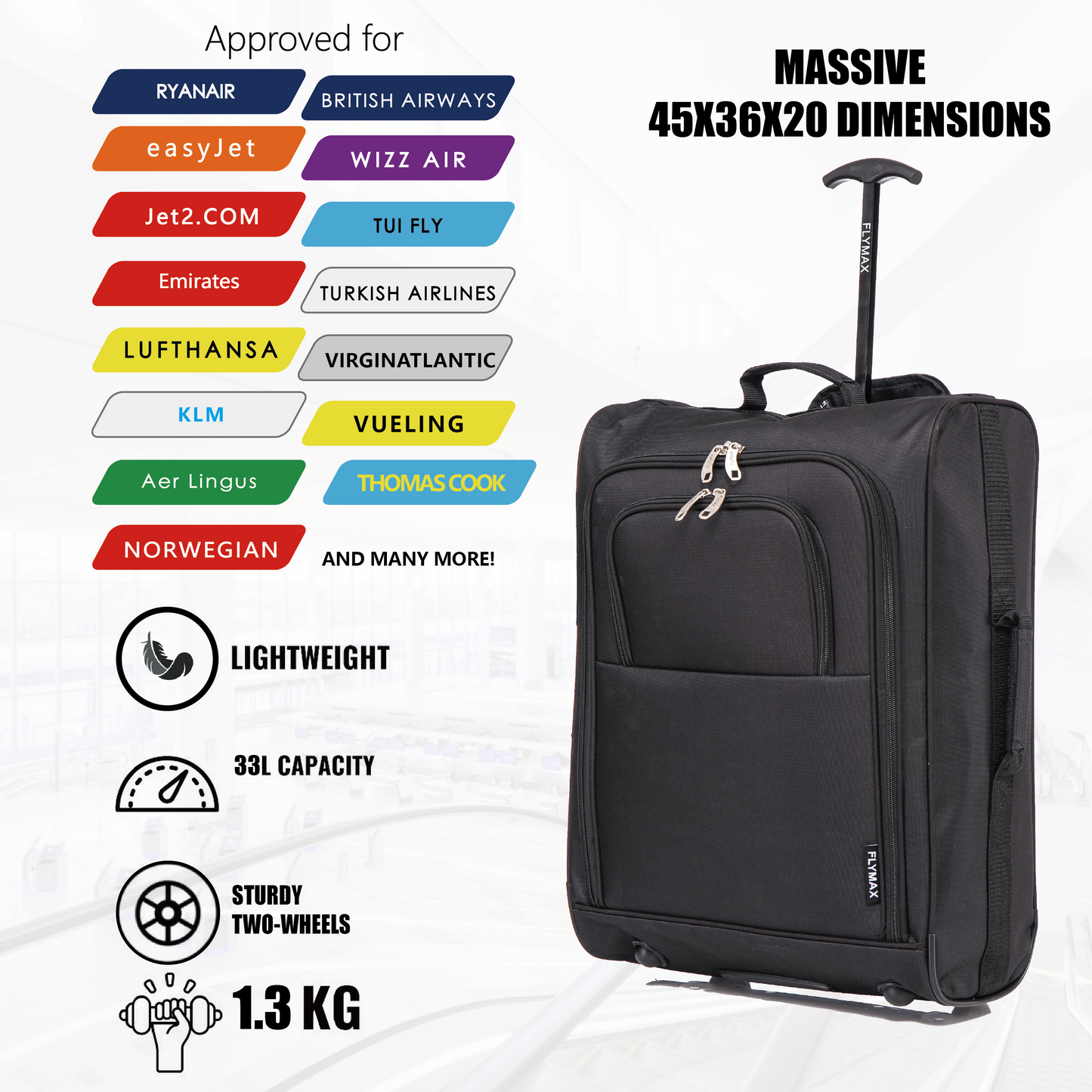 Flymax Sao Paulo Glide 45x36x20cm Ultra-Lightweight Cabin Luggage for EasyJet and Ryanair