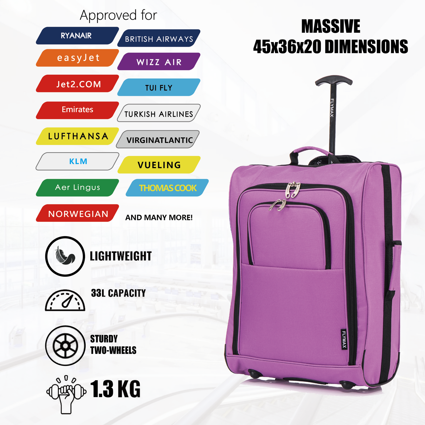 Flymax Sao Paulo Glide 45x36x20cm Ultra-Lightweight Cabin Luggage for EasyJet and Ryanair