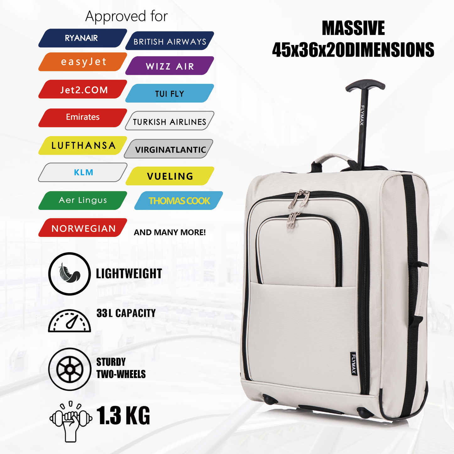Flymax Sao Paulo Glide 45x36x20cm Ultra-Lightweight Cabin Luggage for EasyJet and Ryanair