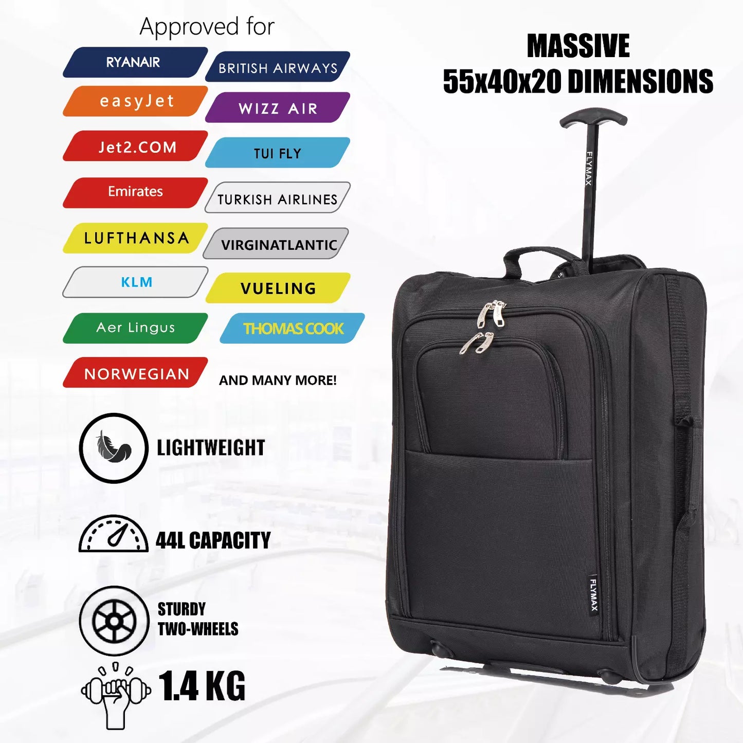 Flymax Sao Paulo Glide 55x40x20cm Cabin Suitcase - Approved for Ryanair, EasyJet, Air France & More